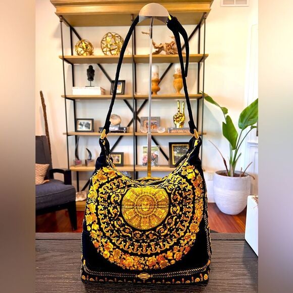 Versace Vintage Baroque Pattern Medusa Black Yellow Gold Fittings Cotton Hobo - Picture 1 of 11